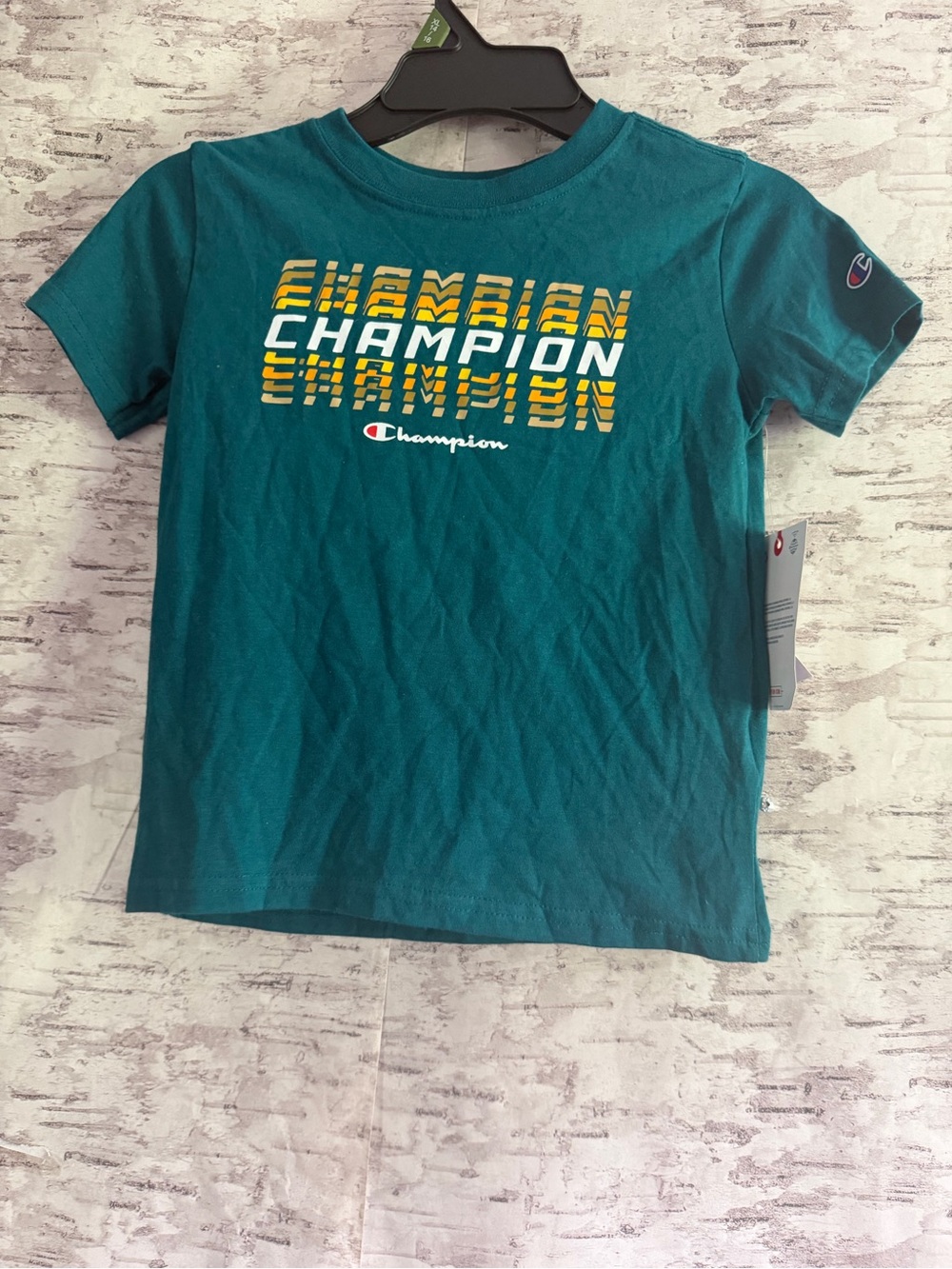 Champion Teal Short-Sleeve Logo Tee with Yellow Accent